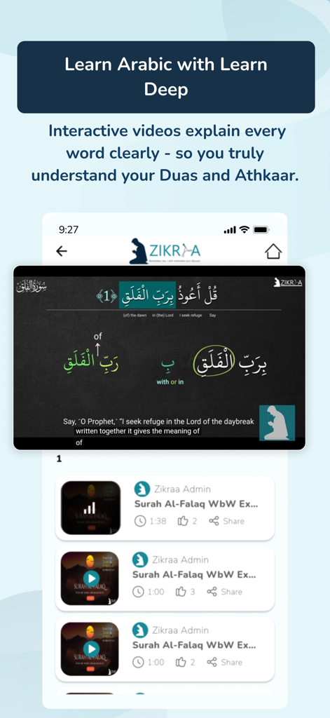 Zikraa app interface showing interactive Arabic video lessons with word by word translations for Duas and Athkaar