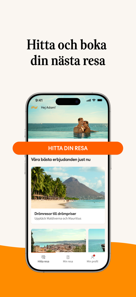 Ving – Allt om dina resor - Ving travel app home screen with find your trip button and vacation deals