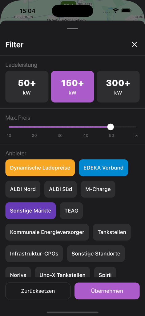 Filter interface in Ad-Hoc Map app for selecting EV charging power and station providers