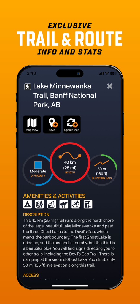 Información detallada y estadísticas de senderos en la aplicación BRMB Maps mostrando la longitud y dificultad de la ruta