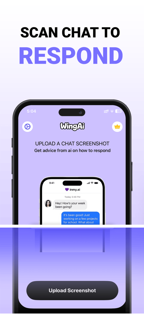 Smartphone screen showing the Wing AI app scan chat feature to get advice on how to respond to dating messages