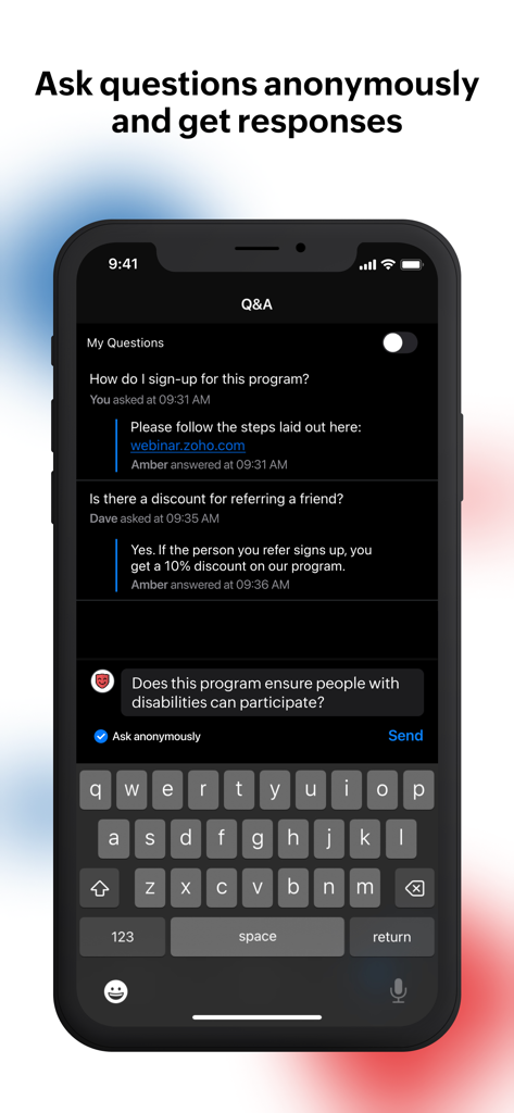 Zoho Webinar mobile app interface showing a Q and A section where users can ask questions anonymously during a session.