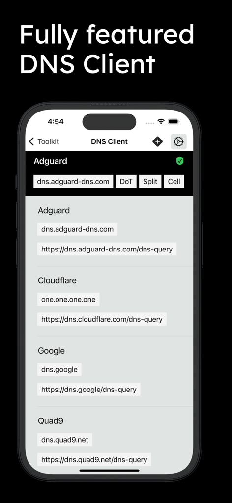 Cydog Toolkit - Oberfläche des Cydog Toolkit DNS-Clients mit Optionen für Adguard-, Cloudflare- und Google-DNS-Server.