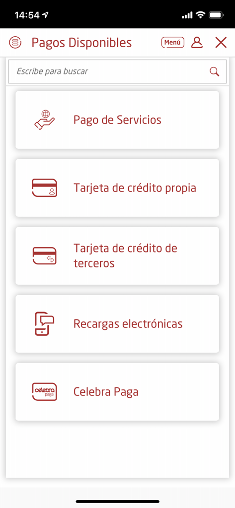 Atlántida Móvil - Interface of the Atlántida Móvil app displaying available payment options such as service payments, credit cards, and mobile top-ups.