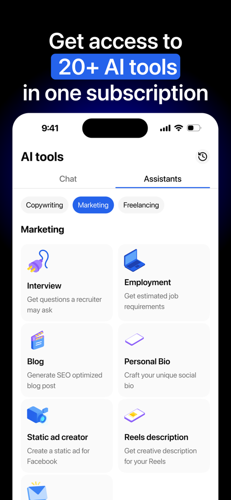 Jobescape mobile app screen showing a variety of AI assistants for marketing and freelancing tasks