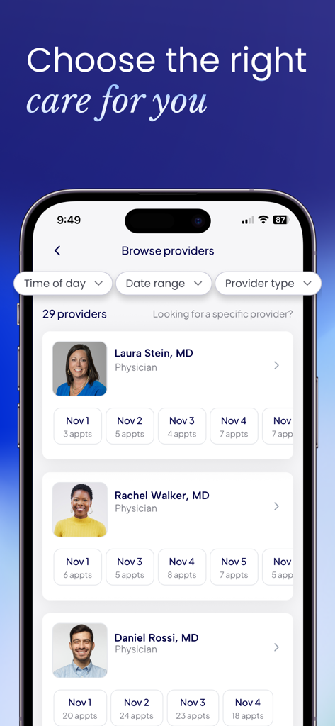 A mobile screen showing a list of board-certified physicians and their available appointment dates within the Mochi Health app.