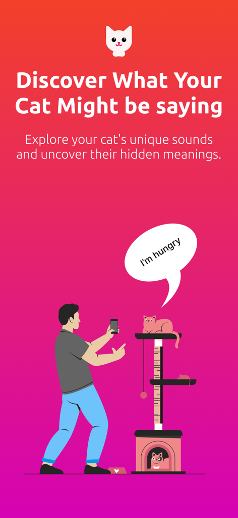 Cat Translator - Meow Talker - Ilustração de uma pessoa usando o aplicativo Cat Translator para gravar um gato em uma árvore para gatos com uma bolha de fala dizendo Eu estou com fome