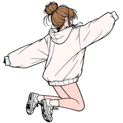 realistic girl jumping with a bun and oversized sweatshirt