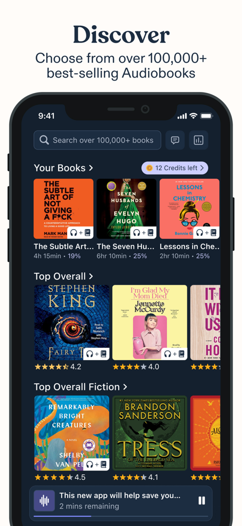 Speechify Books: Read & Listen - Screenshot of the Speechify Books app showing a library of over 100000 best selling audiobooks including popular fiction and non fiction titles