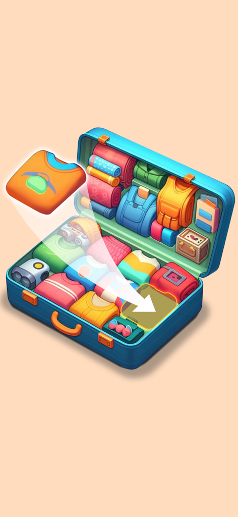 An organization puzzle level where a player packs clothes and items into a blue suitcase