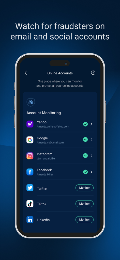 Cyrus Identity by Malwarebytes - Account monitoring dashboard for email and social media accounts in Cyrus Identity app