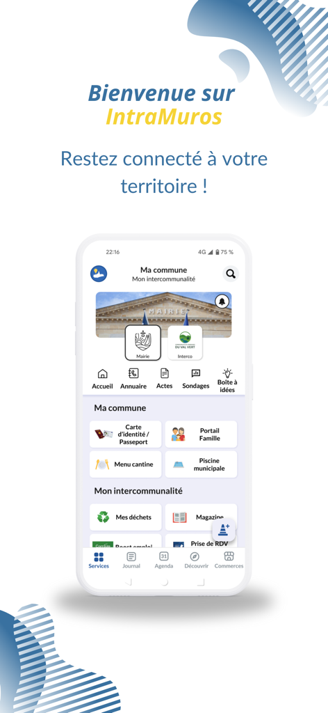IntraMuros: Info du territoire - Home screen of the IntraMuros app displaying local community services and municipal information