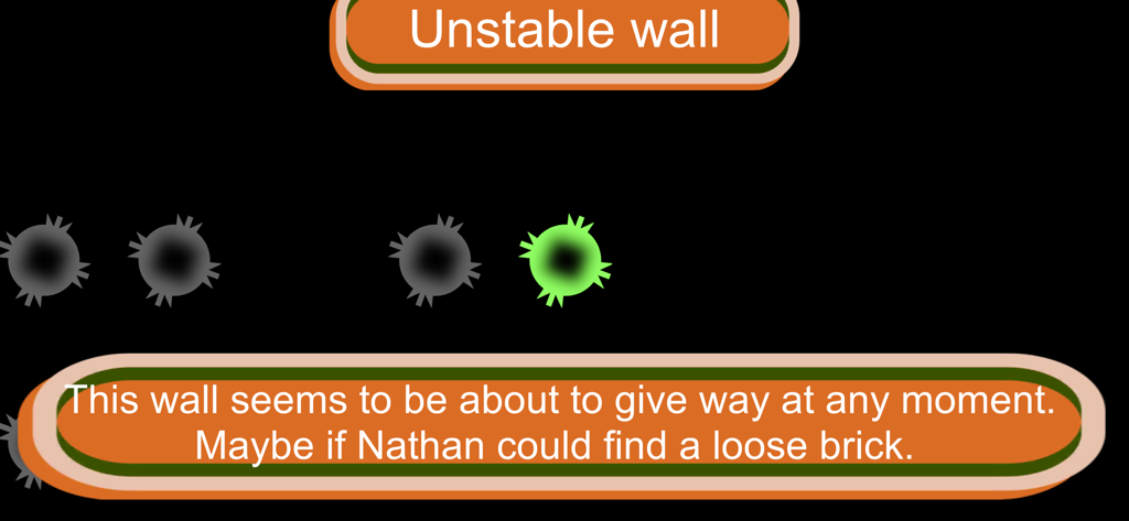 Blind Quest 3 - A gameplay screenshot of Blind Quest 3 showing a dialogue box describing an unstable wall and a quest for Nathan to find a loose brick.