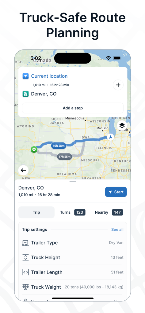 TruckMap interface showing truck-safe route planning with commercial vehicle settings for height and weight