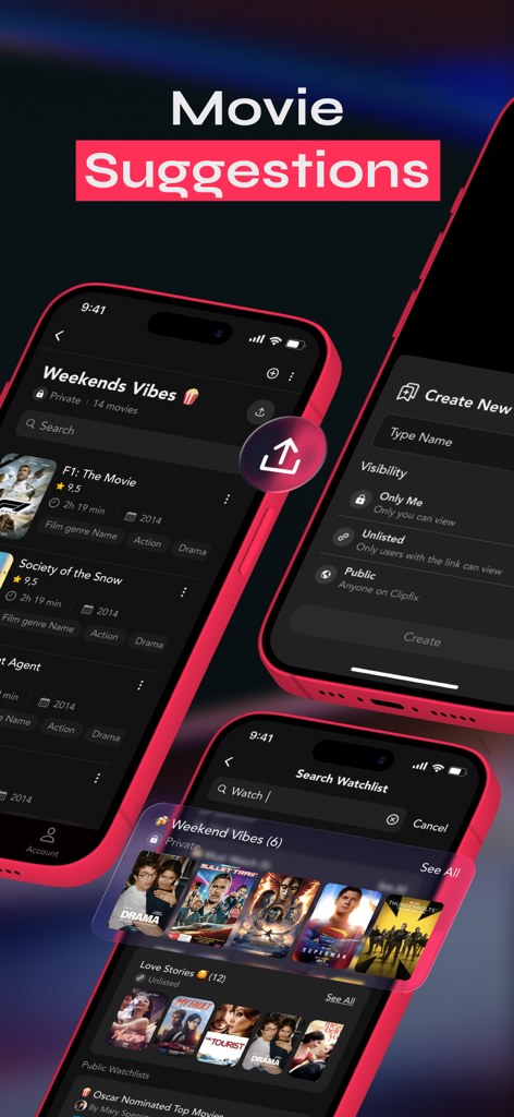 ClipFix app interface displaying movie suggestions and custom watchlist management tools