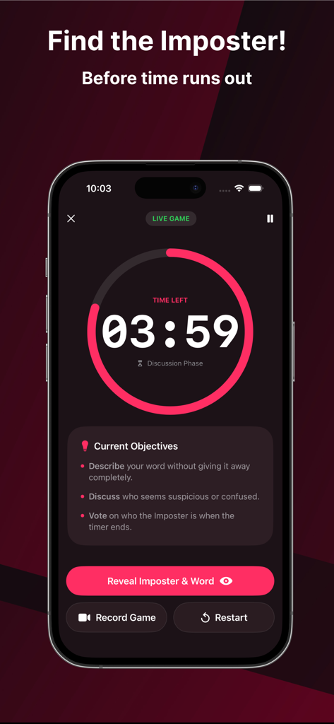 Tela do jogo Imposter Word Party Game durante a fase de discussão com um cronômetro e lista de objetivos dos jogadores