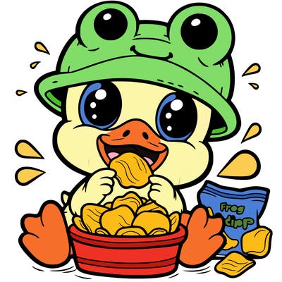 duck with a frog hat eating chips
