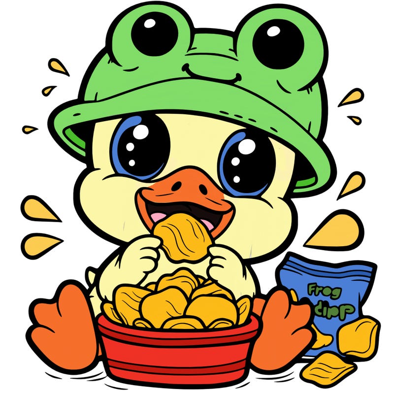duck with a frog hat eating chips