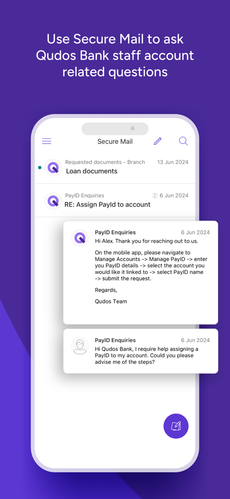Qudos Bank - Interface of the Qudos Bank app Secure Mail feature showing a support conversation between a user and bank staff.