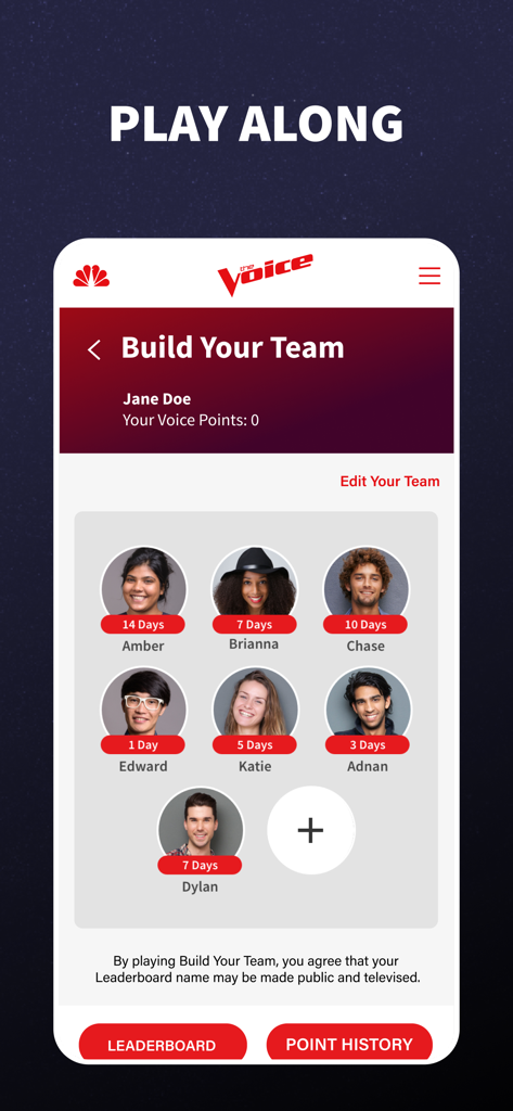 The Voice Official App on NBC - Interfaz de la app The Voice mostrando la función de liga de fantasía Construye tu equipo con perfiles de concursantes.