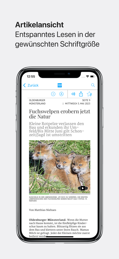 OM-E-Paper app article view showing a local news story with adjustable font size options on a smartphone screen