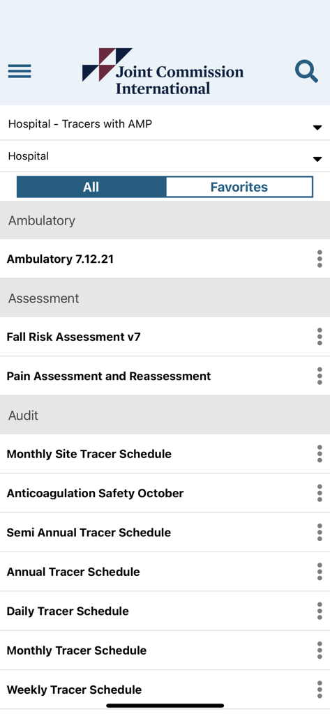 JCI AMP - The JCI AMP app interface displaying a list of hospital audit tracer schedules and clinical assessments.