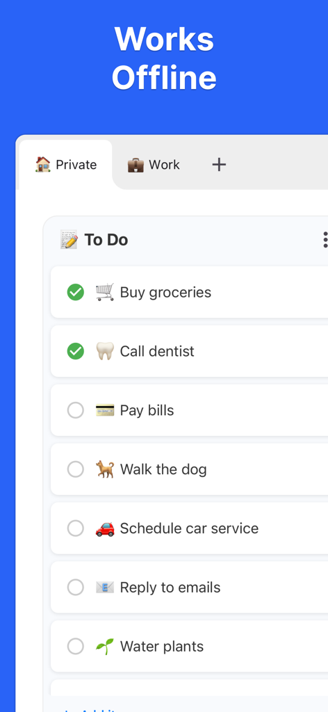 Interfaz de la aplicación KanbanBoard mostrando una lista de tareas pendientes privada que funciona sin conexión