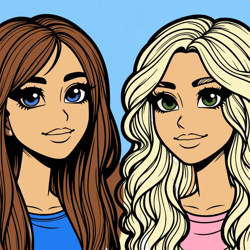 realistic two freinds girls both with blonde hair and brown eyes both hve noses one with straight hair and on with wavy hair realistic