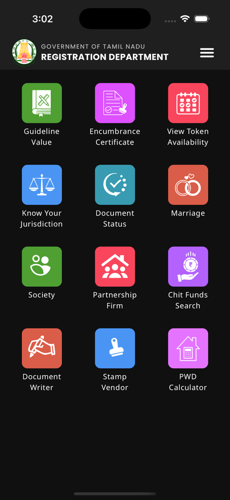 TNREGINET - TNREGINET app dashboard showing icons for property guideline values encumbrance certificates and registration services