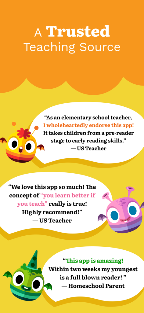 Teach Your Monster to Read - Una colección de reseñas positivas de maestros y padres que respaldan la aplicación educativa Teach Your Monster to Read