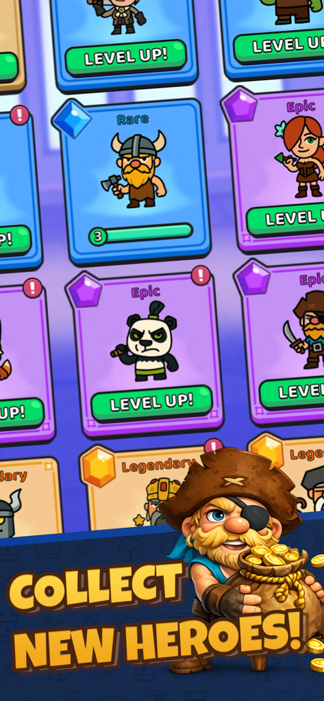 Slashy Knight - Slashy Knightのメニュー画面。レアリティラベルとレベルアップボタン付きのバイキングやパンダのような様々な収集可能なヒーローのグリッドが表示されている