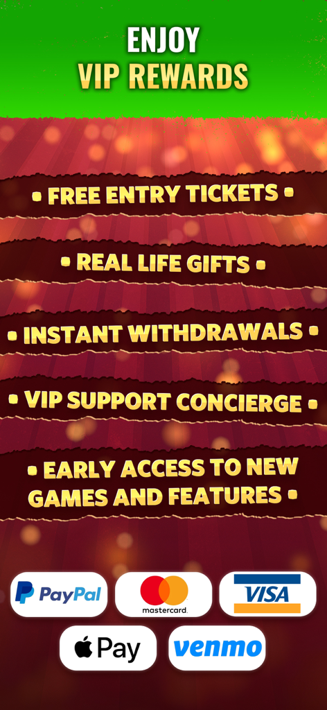 List of VIP rewards and secure payment methods for Dominoes Gold app