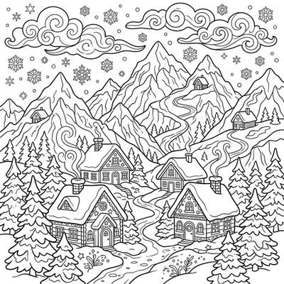Immerse yourself in the tranquility of a snowy mountain village. This charming coloring page features cozy cottages nestled among frosted pine trees and majestic peaks, perfect for a peaceful winter art session.