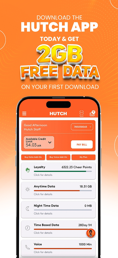 Interface do Hutch App mostrando o saldo de dados móveis e o limite de crédito da conta em um smartphone