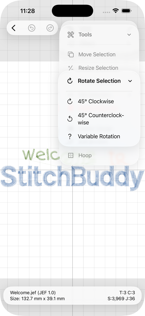 StitchBuddy HD - StitchBuddy HD mobile app interface showing rotation tools for embroidery designs