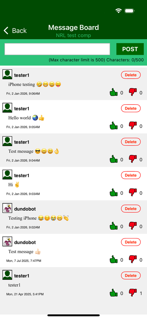 iTipFooty - Screenshot of the message board in the iTipFooty app where users can post messages and interact within their private sports tipping competition.