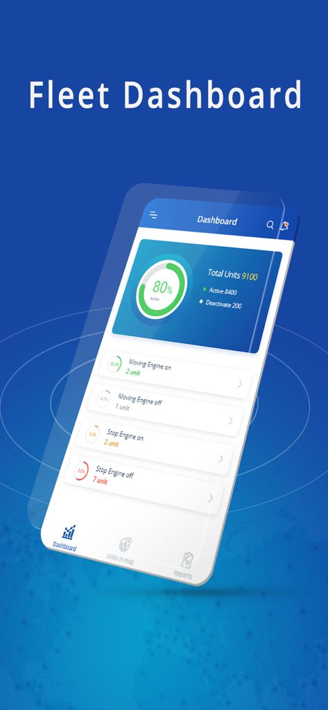 AFAQY AVL - AFAQY AVL mobile app fleet dashboard showing total active units and engine status summary