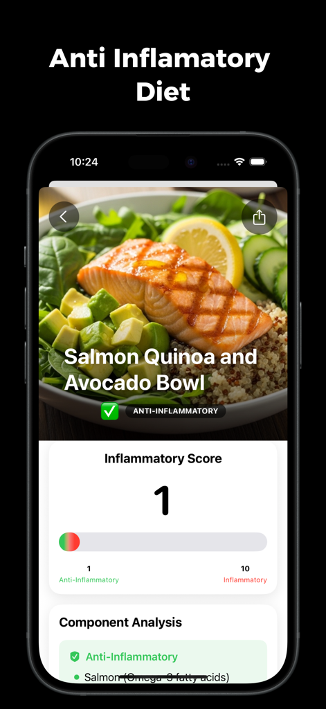 Pantalla de la aplicación Flammy que muestra la puntuación inflamatoria y el análisis nutricional de un bol de salmón, quinua y aguacate