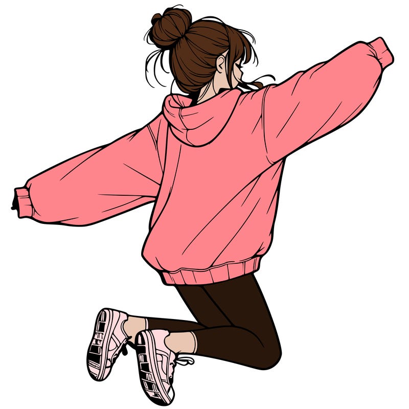 realistic girl jumping with a bun and oversized sweatshirt
