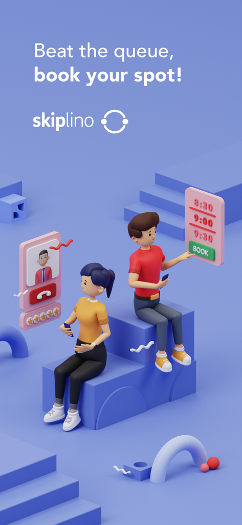 Skiplino - 3D illustration of users booking a spot in a queue using the Skiplino app