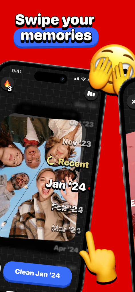CleanCam - Photo Cleaner App - CleanCam photo cleaner app interface showing swipe to delete memories feature