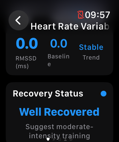 watchHR - Apple Watch上で心拍変動データと回復ステータスを表示するwatchHRアプリインターフェース
