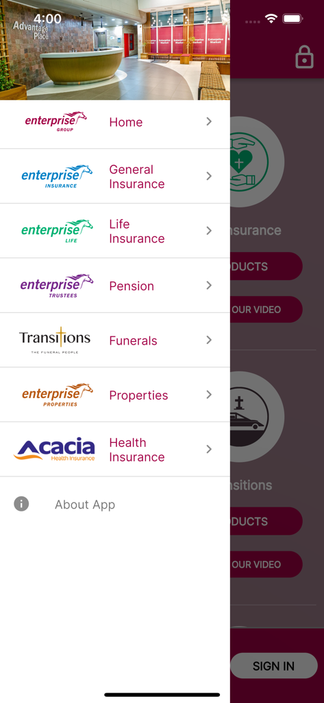 Enterprise Advantage - Navigation menu of the Enterprise Advantage app showing service categories including insurance pension funerals and properties