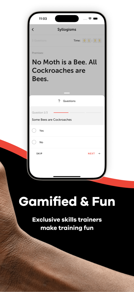 MedEntry - MedEntry app interface showing a gamified syllogism logic trainer for medical entrance exams.