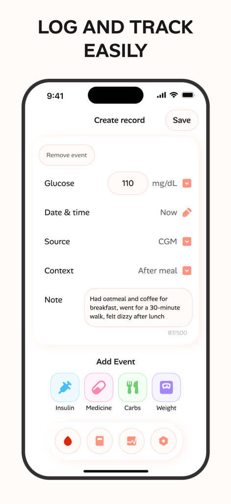 Blood Sugar - Tracker Log - Interfaz para registrar niveles de azúcar en sangre y eventos de salud