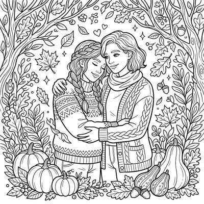 Discover the warmth of love and autumn with this delightful coloring page featuring a same-sex couple. Immerse yourself in a scene filled with cozy sweaters, falling leaves, and festive pumpkins, perfect for a relaxing coloring session.