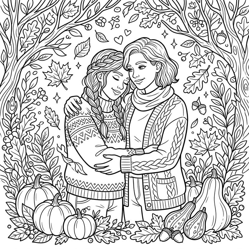 Discover the warmth of love and autumn with this delightful coloring page featuring a same-sex couple. Immerse yourself in a scene filled with cozy sweaters, falling leaves, and festive pumpkins, perfect for a relaxing coloring session.