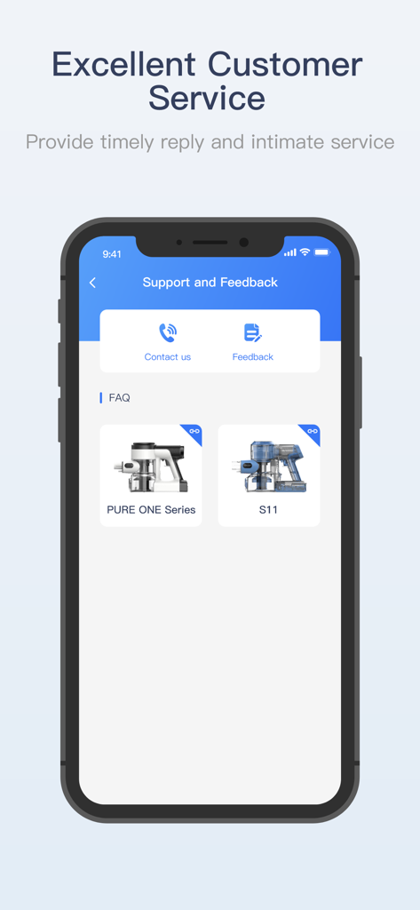 Écran d'assistance de l'application Tineco Life avec des options de contact et une FAQ pour les séries d'aspirateurs Pure One et S11