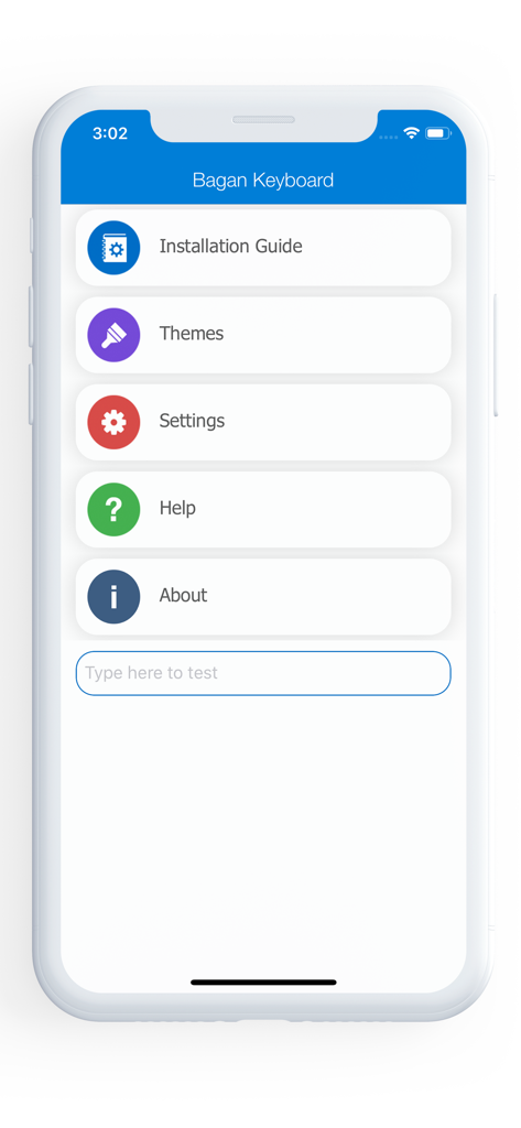 Bagan Keyboard - Bagan Keyboard app main menu displaying installation guide, themes, settings, help, and about sections on an iPhone screen.