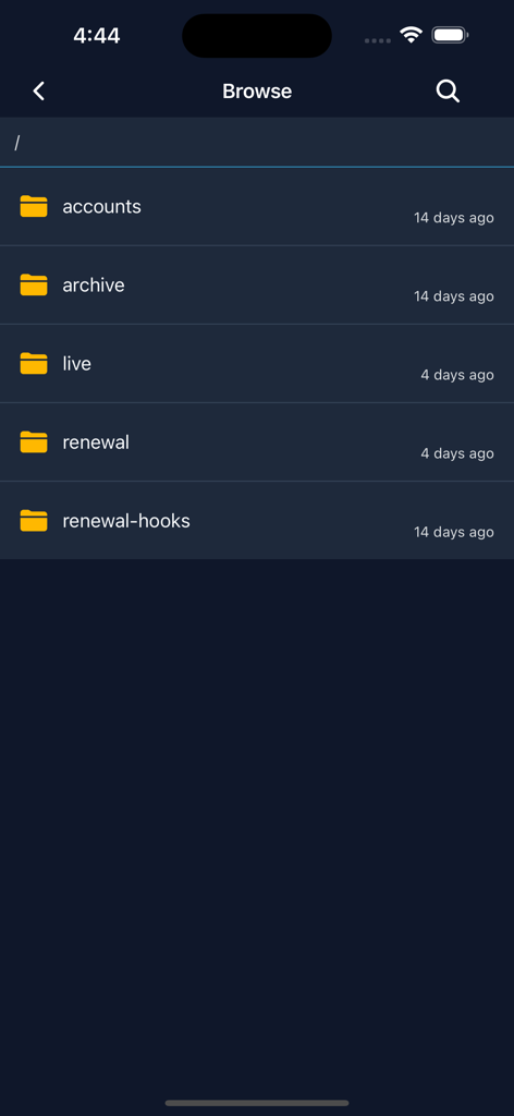 Browse interface of Pourtainer app showing server directories like accounts archive and live